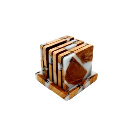 PAROTA | Juego 6 Portavasos para Mesa, de Resina Blanca y Madera de Acacia, Portavasos Elegantes (Cuadrada)