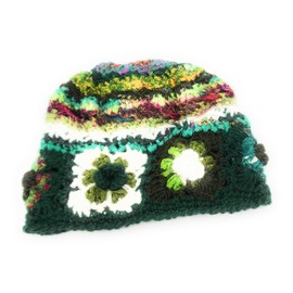 Hand Knit Wool + Recycled Silk Fibers Beanie Hat with Flower Patchwork Detail Fleece Lined Made in Nepal (Wool & Recycled Silk Fibers, Green)