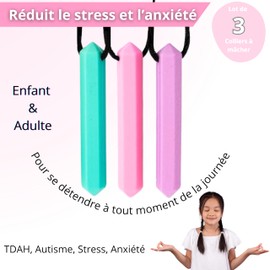3 Tdah Halsbänder Konzentration Material DYS | Kauspielzeug ADHS Erwachsene | Autismus Material Kinder | Anti-Stress-Objekt für Erwachsene | Anti-Tabakhalsband | ADHS | Türkis – Rosa – Violett