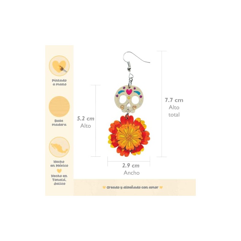 Aretes de Calavera de Dulce y Cempasuchil de Madera Pintado