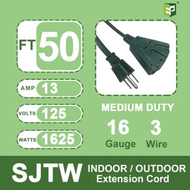 EP 50 Ft Outdoor Extension Cord with 3 Electrical Power Outlets - 16/3 SJTW Green Cable with 3 Prong Grounded Plug for Safety Great for Christmas Lights, Garden and Major Appliances