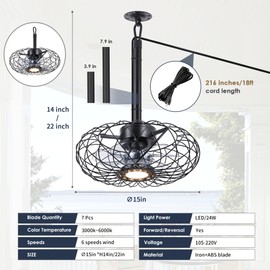 Miuyhji Black Outdoor Ceiling Fans with LED Light, 16" Waterproof Gazebo Fan Plug in Caged Industrial Fandelier Ceiling Fan with Remote, 6 Speeds Adjustable Height Fan for Bedroom Living Room Pergola