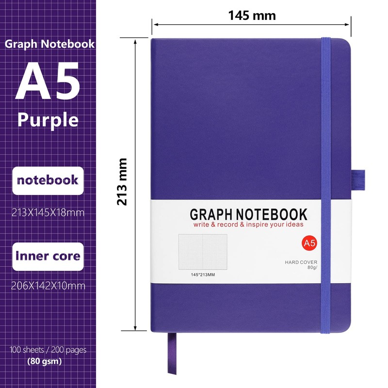 HIJYOO A5 Graph Paper Notebook, Squared Notebook 200 Pages A5