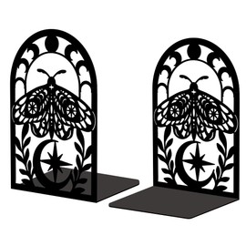 Peacoblue Metal Bookend Stopper Holder Stand for Shelves Decorative, 5.3"x4.3"x7.9" Modern Creative Heavy Duty Study Book End for Desk Shelf, 2 Pair (Moth)