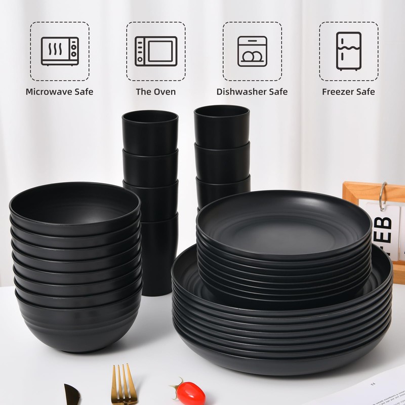 32 Piece Wheat Straw Dinnerware Set - Black Plates and