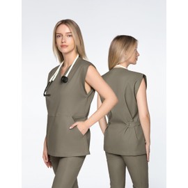 LAMBDA ACADIA Fiona Drop Shoulder Scrub Top for Women – 2 Hoodie-Style Pockets, High Stretch, Easy Care, Adjustable Fit (US, Alpha, Small, Walnut)