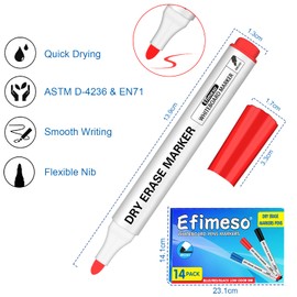 Efimeso Whiteboard Markers,14 Pack Dry Erase Marker White Board Markers Erasable,3 colours Black Blue Red Dry Wipe Marker Pens for Whiteboard Grass Office Home School