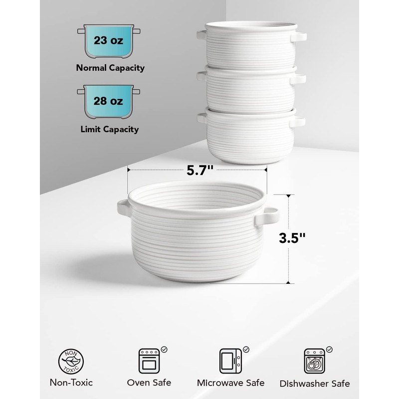 LE TAUCI Soup Bowls with Handles - 28 oz Lead-Free