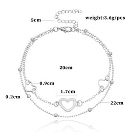 Dszemie Anklets for Women, Heart Pendant Silver Anklets Chains for Women Ankle Bracelet Adjustable Double Layered Leg Chain 3PCS Boho Ladies Anklets Holiday Beach Anklet Jewelry for Girls (Silver)