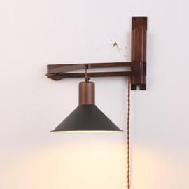 Wood Plug in Wall Sconces, Swing Arm Wall Lamp with Dimmable On Off Switch, Vintage Wall Mounted Light Fixture with Cord for Bedroom Nightstand Bedside Reading Lamp