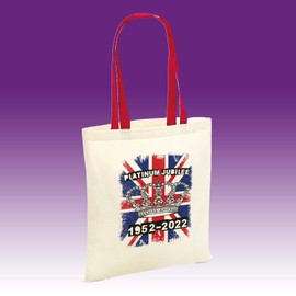 SmartyPants Queen's Platinum Jubilee Union Jack Crown Tote Bag - Elizabeth Her Majesty 70 Years Anniversary British Monarch 2022 Rock Punk Royal Shopper Gift (Red Handle)