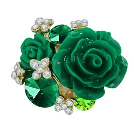 CZ Green Rose Flower Resin Statement Ring for Women Gold Plated Cubic Zirconia Adjustable Open Band Finger Rings Birthday Mother's Day Jewelry Gifts