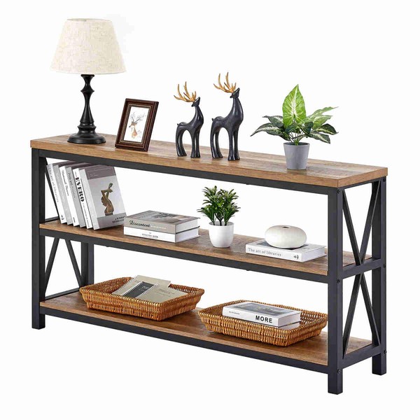 FATORRI Industrial Console Table for Entryway, Wood Sofa Table, Rustic Hallway Tables with 3-Tier Shelves for Living Room (55 Inch, Rustic Oak)