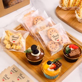 SUREHOME Cookie Bags with Seal 100 Pack Self Sealing Cellophane Bags with Thank You Stickers 4x4 In Clear Sealable Treat Bags Small Self Adhesive Cookie Packaging Individual Candy Gift Giving Wrappers