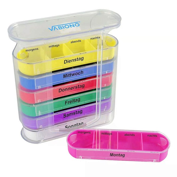VABIONO® Pill Box Pill Box Medicine Box Colour 7 Days 4 Compartments Weekly Dispenser Week (Morning Noon Evening Night)