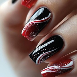 LPOODDNU Medium Square Press on Nails - Gradient Black Red Fake Nails with French Stripe Designs, Glossy Finished Reusable Stick on Nails with Glue Tabs - 24Pcs False Nail Kit for Women Manicure
