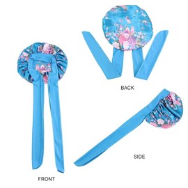 3Pcs Satin Bonnet for Women,Tie Band Braids Silk Cap for Sleeping Hair Extra Large Jumbo Bonnet with 3Pcs Hair Scrunchies (#B,Blue,Red,Black)