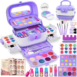 Hollyhi 58 Pieces Really Children's Make-Up Set, Safe Washable Vanity Case, Girls Make-Up Toy, Birthday, Christmas, Children's Make Up Set, Girls Gifts 3, 4, 5, 6, 7, 8, 9, 10, 11, 12 Years (Purple)