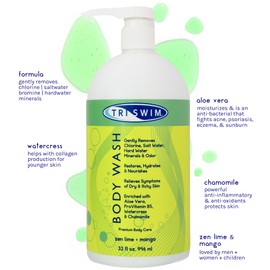 TRISWIM Chlorine Removal Body Wash 32 Fl Oz | Removes Chlorine, Bromine, Hard Water Minerals & Saltwater | Hydrates & Restores Skin | Zen Lime + Mango Scent