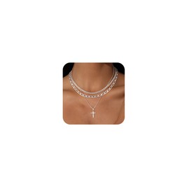 DIFOMI Silver Layered Cross Necklaces for Women, Dainty Sterling Silver Plated Cross Necklace Trendy Box Chain with CZ Cross Pendant Chunky Paperclip Pig Nose Chain Necklaces for Women Jewelry Gift