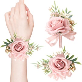ZAGQIG 2 Pcs Pink Rose Corsage and Boutonniere Set for Wedding, Artificial Flower Prom Wrist Corsage, Wrist Corsage and Men Boutonniere Set for Prom Suit Decoration Wedding Flower Party Accessories