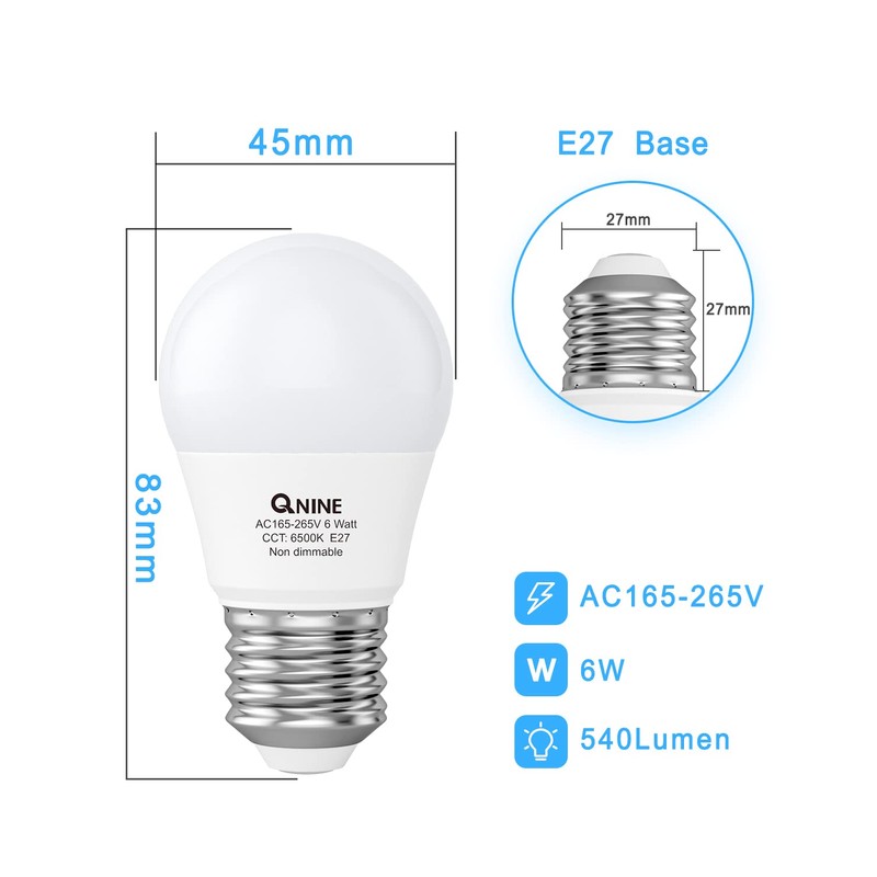 QNINE 𝐄𝟐𝟕 Screw Bulb, Cool White, 𝟔𝟓𝟎𝟎𝐊, 540lm, 𝟔𝐖 (𝟔𝟎𝐖