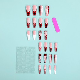 Christmas Press on Nails Long Coffin Winter Fake Nails Red Full Cover White Snow False Nails with Grid Designs Glossy Glue on Nails Acrylic Nails Manicure Artificial Nails for Women Girls 24Pcs