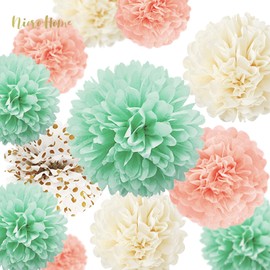 NICROHOME Pastel Party Decorations, 12 PCS Mint Green Pink Tissue Paper Pom Poms for Wedding, Birthday, Engagement, Neutral Baby Shower, Easter, Bridal Showers