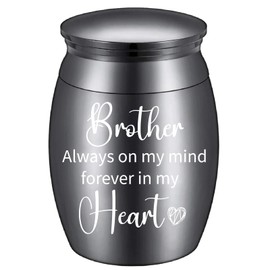 CREATCABIN Mini Brother Urn Memorial Urns Black Metal Alloy Always Mind Forever Heart Cremation Ashes Keepsake Holder Container with Bag Spoon Cloth for Human Male Funeral Burial 1.6 x 1.2 Inch