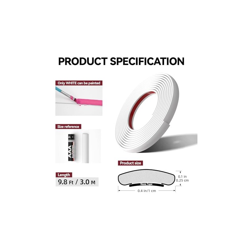 9.8 Ft Peel and Stick Wall Molding Trim, White(Paintable) Self