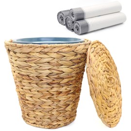Oranwell 3 Gallons Wicker Waste Basket Can with Lid & Liner, Handwoven Wastebasket Wastepaper Basket with 60Pcs Bag, Wicker Trash Garbage Rubbish Can Bin Basket for Bedroom Bathroom Office Kitchen