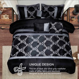 HIG 7 Piece Comforter Set Queen - Black and Sliver Faux Silk Fabric Embroidered - Claremont Bed in A Bag - Breathable and Wrinkle Resistant - 1 Comforter, 2 Shams, 3 Decorative Pillows, 1 Bedskirt
