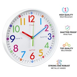 AIRUIFU Reloj de pared para niños, reloj de enseñanza para niños, reloj analógico silencioso para decoración de la habitación de los niños, reloj de pared colorido que ayuda a los niños a saber la hora más fácil