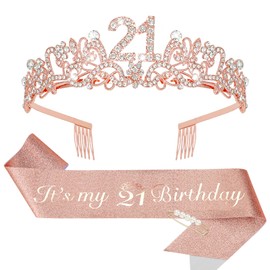 CIEHER 21st Birthday Crown & Sash Set, Rose Gold Rhinestone Tiara & Glitter Sash, Perfect for 21st Birthday Parties