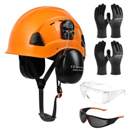 Forestry PPE Kit Hard Hat and Ear Protection Safety Glasses Anti Cut Gloves Logging Safety Gear for Tree Work and Outdoor JobsSafety Helmet Type: Without Visor, Color: Orange, Material: 2XL SIZE Gloves