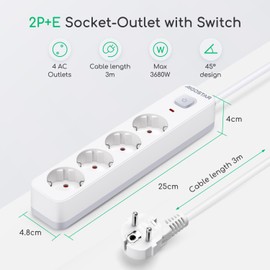 Aigostar 4-Way Power Strip with Switch, Multiple Socket with Child Lock, Distribution Socket with 3 m Cable