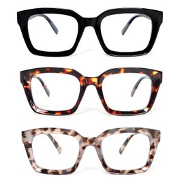 KoKoBin 3 Pack Reading Glasses Women Oprah Style Square Blue Light Blocking Oversized Fashion Large Eyeglasses