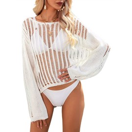 KEOMUD Women Crochet Knit See Through Tops Cover Up Fashion Long Sleeve Crew Neck Short Top White Medium
