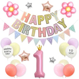 Ealimun Happy Birthday Decorations for Girls, 1 Year Old, Number Balloons, Pink, Garland, Pink, 1 Year Old