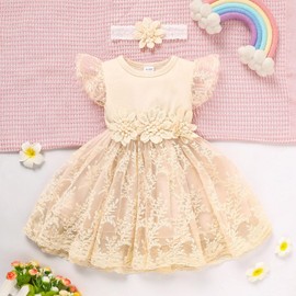 Toddler Girls Summer Tulle Dress with Ruffles Sleeveless Casual Floral Baby Dress（Apricot,6-12M）
