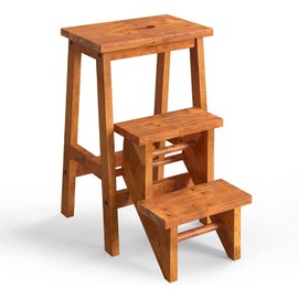 GLACER 3-Tier Folding Step Stool, Portable Wood Step Ladder for Adults & Kids, 3-in-1 Storage Shelf Flower Rack Foot Stool, Ideal for Home, Kitchen, Library (Coffee)