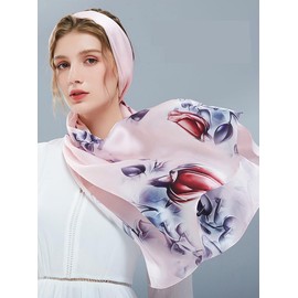 MEISEE 100% Mulberry Silk Long Scarf for Women Large Oblong Sunscreen Shawls Wraps Neck Headscarf Hair Wraps with Gift Packed (Pink gray flowers)