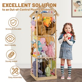 Stuffed Animal Storage, Vertical Stuffed Animal Holder with Thicker Elastic Band, Solid Wood Plushies Storage Decoration and Space Saving for Playroom, Kids Bedroom, Nursery Room. 57"(4.7ft)