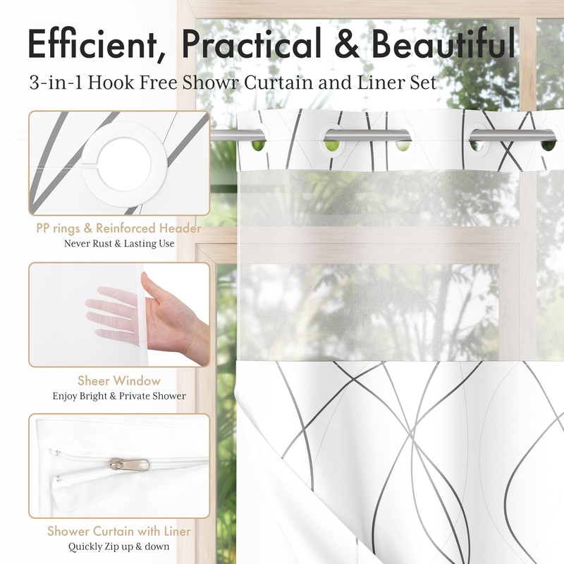 AmazerBath No Hook Shower Curtain and Liner Set, Shower Curtain