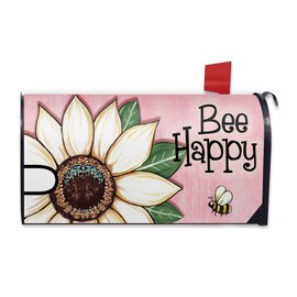 FBCOO Bee Happy Sunflower Mailbox Cover Magnetic Standard Size 21"x19", Spring Summer Floral Flower Pink Decorative Post Letter Box Wrap Decor, Seasonal Garden Yard Outdoor Decoration