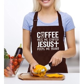 GXVUIS Coffee Gets Me Started Jesus Keeps Me Going Women Apron with 2 Pocket Waterproof Adjustable Bib Apron Christian Gift, Brown, regular