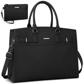 RAINSMORE Laptop Bag for Women 15.6 Inch Waterproof Leather Laptop Tote Bag Business Office Work Bag Professional Briefcase Large Computer Tote Handbag Shoulder Bag with Satchel Purse 2pcs Set, Black