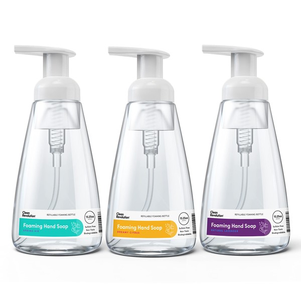 Clean Revolution Ready to Use Foaming Hand Soap, Fragrance Variety 3 Pack| Jumbo 15.25oz Bottles| Essential Oils|Dreamy Citrus|Fresh Lavender|Spring Air|45.75 Total Fl Oz, Clear