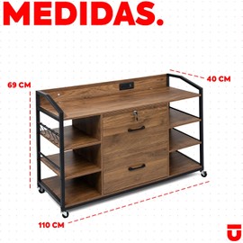 UTILIA Archivero Metálico con 3 Cajones y Llave, Mueble Organizador para Oficina con Ruedas y Repisas Laterales, Archivero Organizador de Documentos y Suministros, Negro