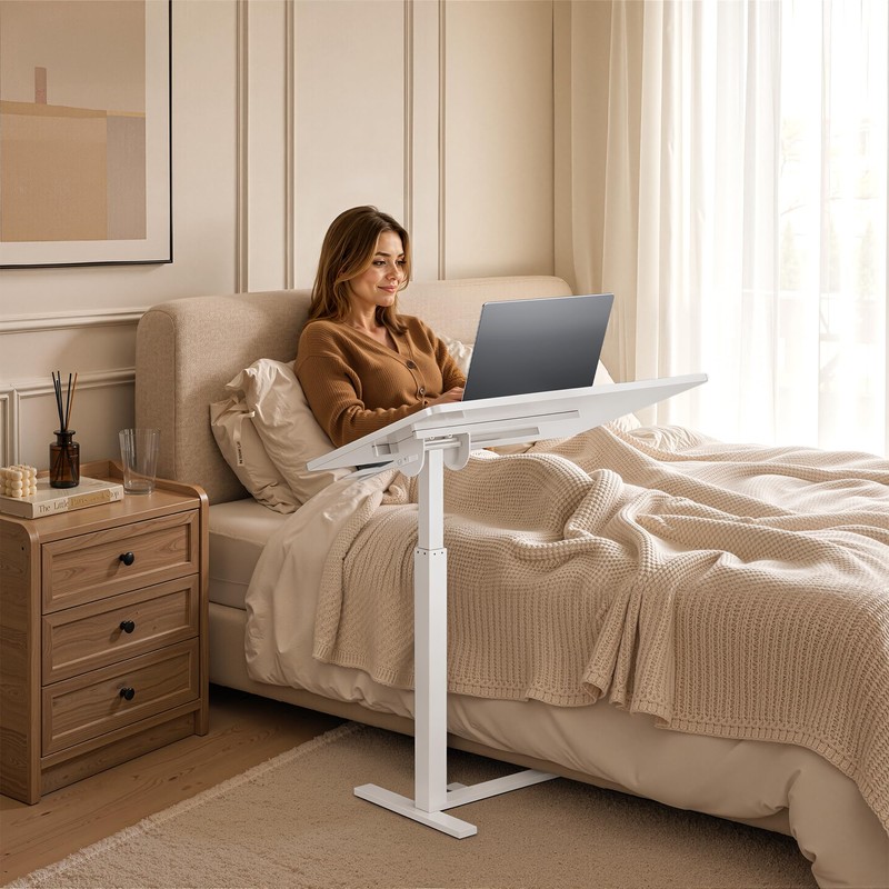 Mobile Standing Desk Adjustable Overbed Table, Pneumatic Height Adjustable Rolling